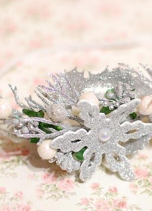 Обруч ободок новогодний бело-серебристый