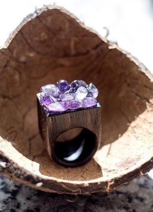 Перстень з аметистами - дерево - чорний - натуральний камінь - аметист2 фото