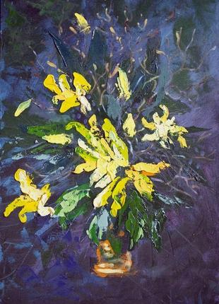Абстрактна картина мастихіном - жовті квіти в темряві 60x40 см2 фото