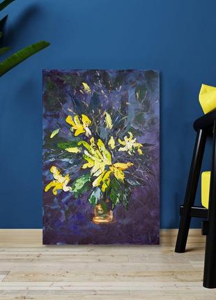 Абстрактна картина мастихіном - жовті квіти в темряві 60x40 см