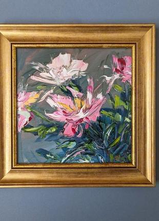 Картина квіти айстри. мала картина олійною фарбою 20х20 см, холст на картоні, картина квіти