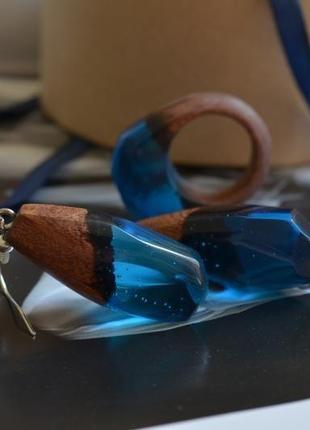 Сережки сині з екзотичної деревини сапеле3 фото