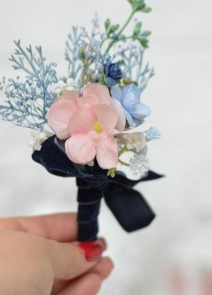 Набір весільних прикрас: браслет та бутоньєрка. navy blue з ніжно-рожевим8 фото