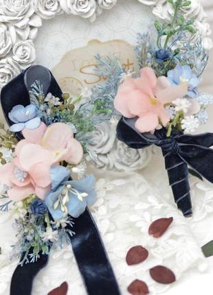 Набір весільних прикрас: браслет та бутоньєрка. navy blue з ніжно-рожевим2 фото