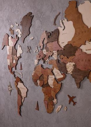 Деревянная карта мира на стену многослойная оригинальный подарок на день рождения6 фото