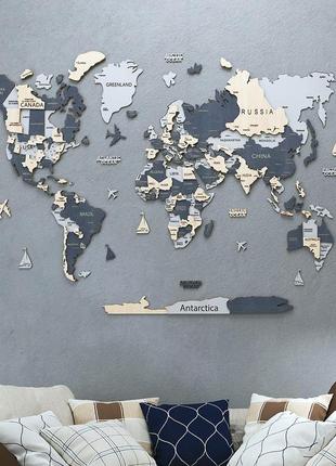 Деревянная карта мира на стену 100х60 см серая1 фото