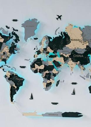 Дерев'яна карта світу на стіні з підсвічуванням8 фото