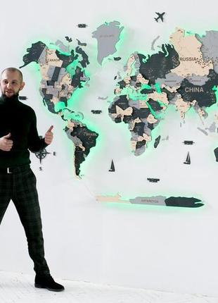 Деревянная карта мира на стену с подсветкой7 фото