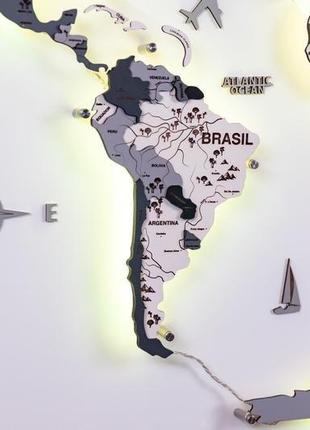 Дерев'яна карта світу на стіну 100х60 см сіро-чорна з підсвічуванням6 фото