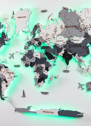 Дерев'яна карта світу на стіну 100х60 см сіро-чорна з підсвічуванням2 фото