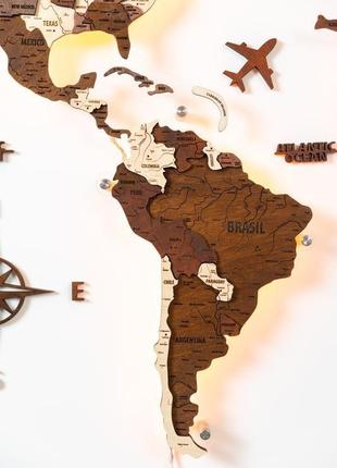 Деревянная карта мира на стену 100х60 см серо-черная с подсветкой5 фото