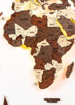 Деревянная карта мира на стену 100х60 см серо-черная с подсветкой8 фото