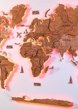 Деревянная карта мира на стену 150х90 см  с подсветкой