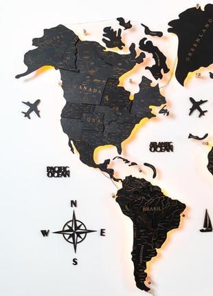 Дерев'яна карта світу на стіну 100х60 см чорна з підсвічуванням6 фото