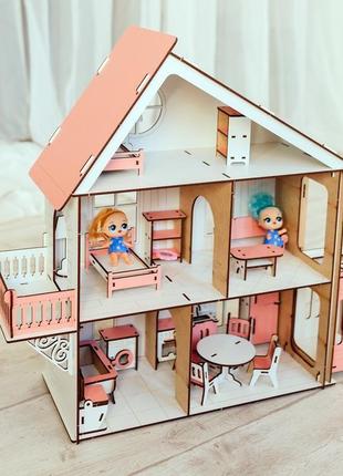 Деревянный кукольный домик dabo home для lol c мебелью и лифтом7 фото