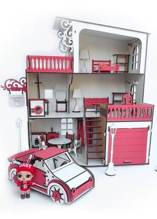 Кукольный домик dabo home для lol c именем ребенка гаражом мебелью и кабриолетом.2 фото