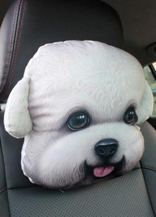 М'яка подушка-підголівник біла болонка для машини, 3d подушка для всіх автомобілів