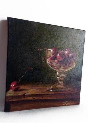 Картина маслом "вишни в стакане". картина в технике старых мастеров. картина маслом для кухни2 фото