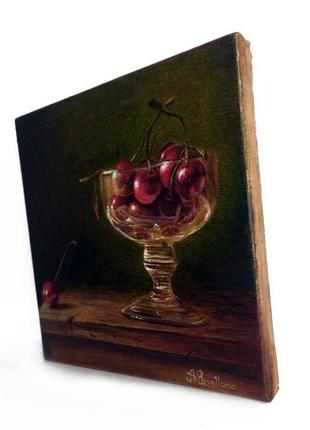 Картина маслом "вишни в стакане". картина в технике старых мастеров. картина маслом для кухни4 фото
