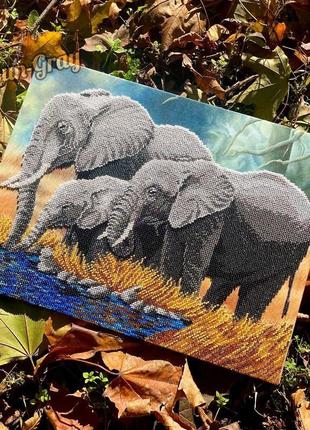 Картина бісером «слони в савані»2 фото