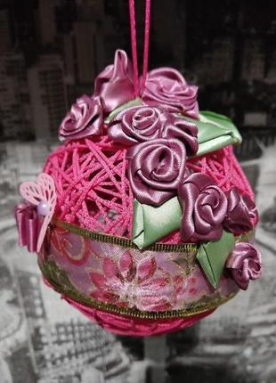 Декоративна сфера. куля із ниток для інтер’єру дому. новорічна прикраса на ялинку. рожева.2 фото