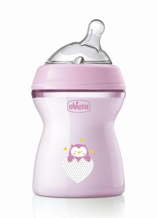 Пластиковая бутылочка chicco natural feeling, средний поток, 2м+, 250 мл, розовая 81323.10