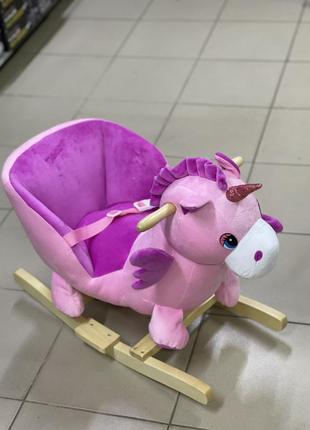Интерактивное кресло-качалка, лошадка качалка единорог музыкальная розовый, качели2 фото