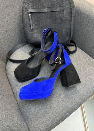 Замшеві чорні з синім босоніжки на масивному каблуку колір на вибір5 фото