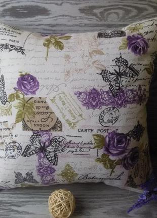 Подушка диванная сиреневые розы-бабочки2 фото