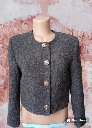 Жакет пиджак укороченный в стиле шанель шерсть серый меланж новый производства франции размера s, xs