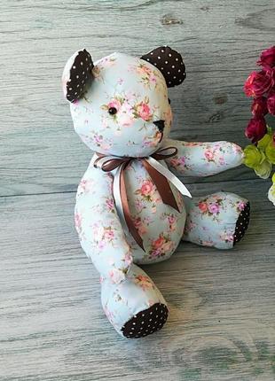 М'яка текстильна іграшка ведмедик тедді блакитний з рожевими квіточками №22 фото