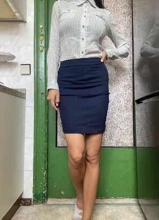 Синяя стрейчевая  юбка promod на высокой талии1 фото