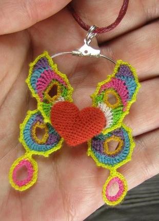 Крылатое сердце, вязанная крючком подвеска тонкой ручной работы. подарок для нее - девушки, женщины3 фото