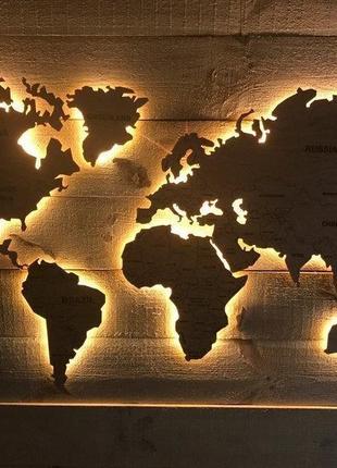 Деревянная карта мира с подсветкой (теплая) m-150x90 см