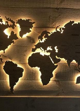 Дерев'яна карта світу з підсвічуванням (тепла) l-170x100 см2 фото