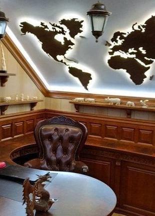 Деревянная карта мира с подсветкой (теплая) l-170x100 см