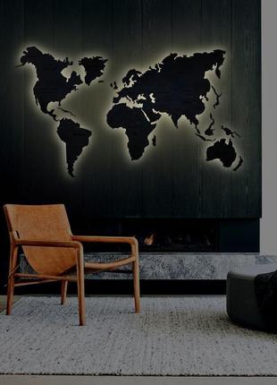 Деревянная карта мира с подсветкой (холодная) и гравировкой хl-200x120 см