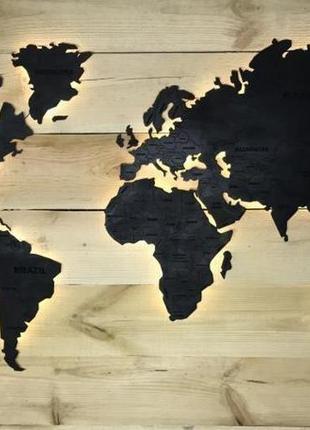 Деревянная карта мира с led подсветкой и гравировкой хl-2000x1200 мм