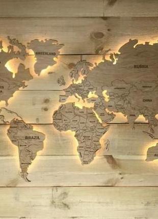 Деревянная карта мира с led подсветкой, без гравировки l-1700х1000 мм