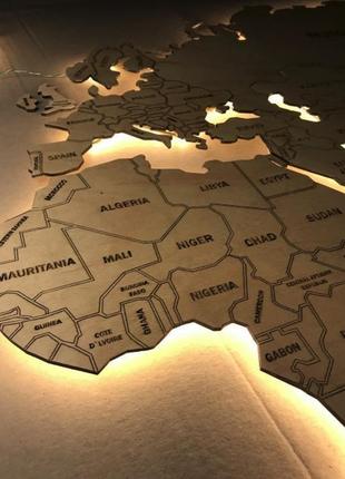 Деревянная карта мира с led подсветкой, без гравировки l-1700х1000 мм