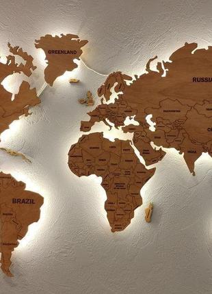 Деревянная карта мира с led подсветкой (холодная) и гравировкой s-120x70 см