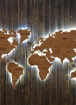 Деревянная карта мира с led подсветкой (холодная) и гравировкой s-120x70 см