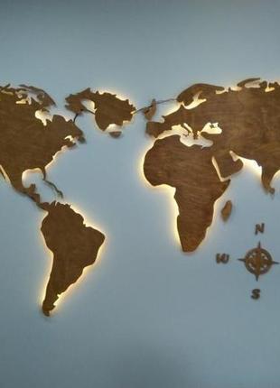 Деревянная карта мира с led подсветкой, без гравировки хl-2000x1200 мм2 фото