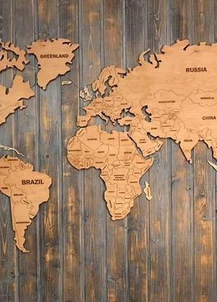 Деревянная карта мира с led подсветкой (теплая) и гравировкой l-170x100 см2 фото