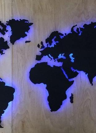 Дерев'яна карта світу з підсвічуванням rgb і гравіюванням xs-100х60 см3 фото