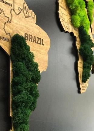 Деревянная карта мира с led подсветкой и стабилизированным мхом 1500х900мм