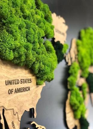 Деревянная карта мира с led подсветкой и стабилизированным мхом 1500х900мм