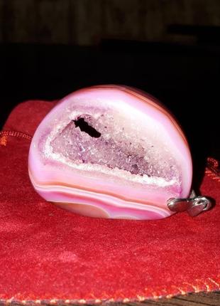 Эффектный крупный кулон подвеска жеода натуральный камень розовый агат3 фото