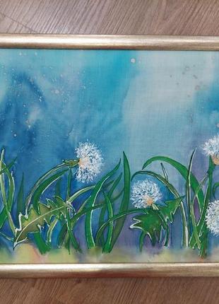 Картина батик ручная работа hand made одуванчики цветы природа декор интерьер