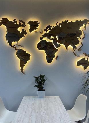 Карта мира 3d с подсветкой, гравировкой названий стран и границ, многоуровневая карта мира xxl-250x150 см3 фото